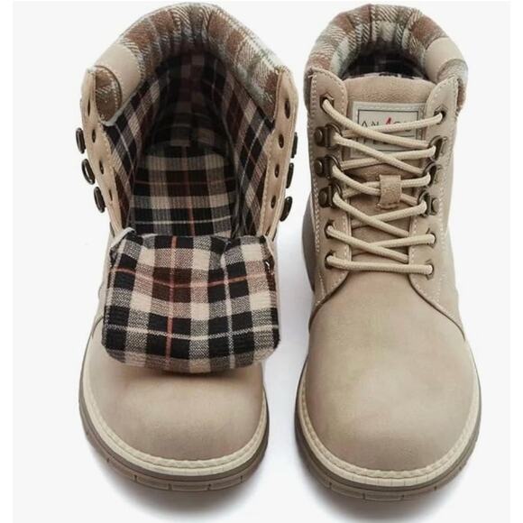 Anjou Femme Hiking Boots 6.5 NWT Plaid Tan Combat Lace Ankle Booties Lug Sole - Picture 5 of 8